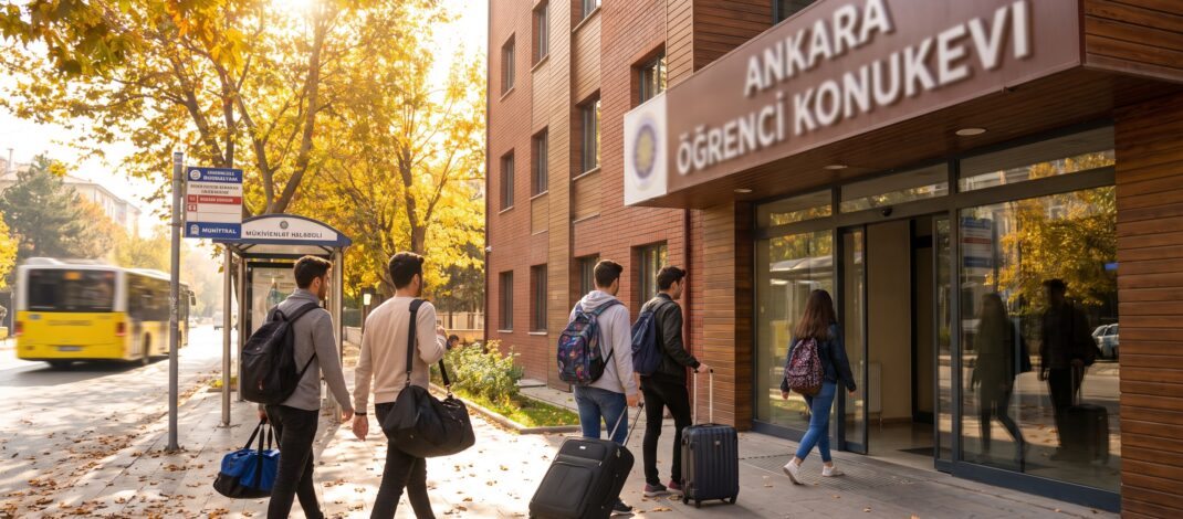 Ankara'da bir erkek yurtunun giriş kapısında üniversite öğrencileri ve yaşam ortamı görülmektedir.