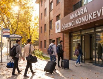 Ankara'da bir erkek yurtunun giriş kapısında üniversite öğrencileri ve yaşam ortamı görülmektedir.