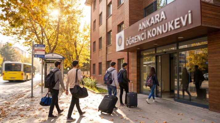 Ankara'da bir erkek yurtunun giriş kapısında üniversite öğrencileri ve yaşam ortamı görülmektedir.