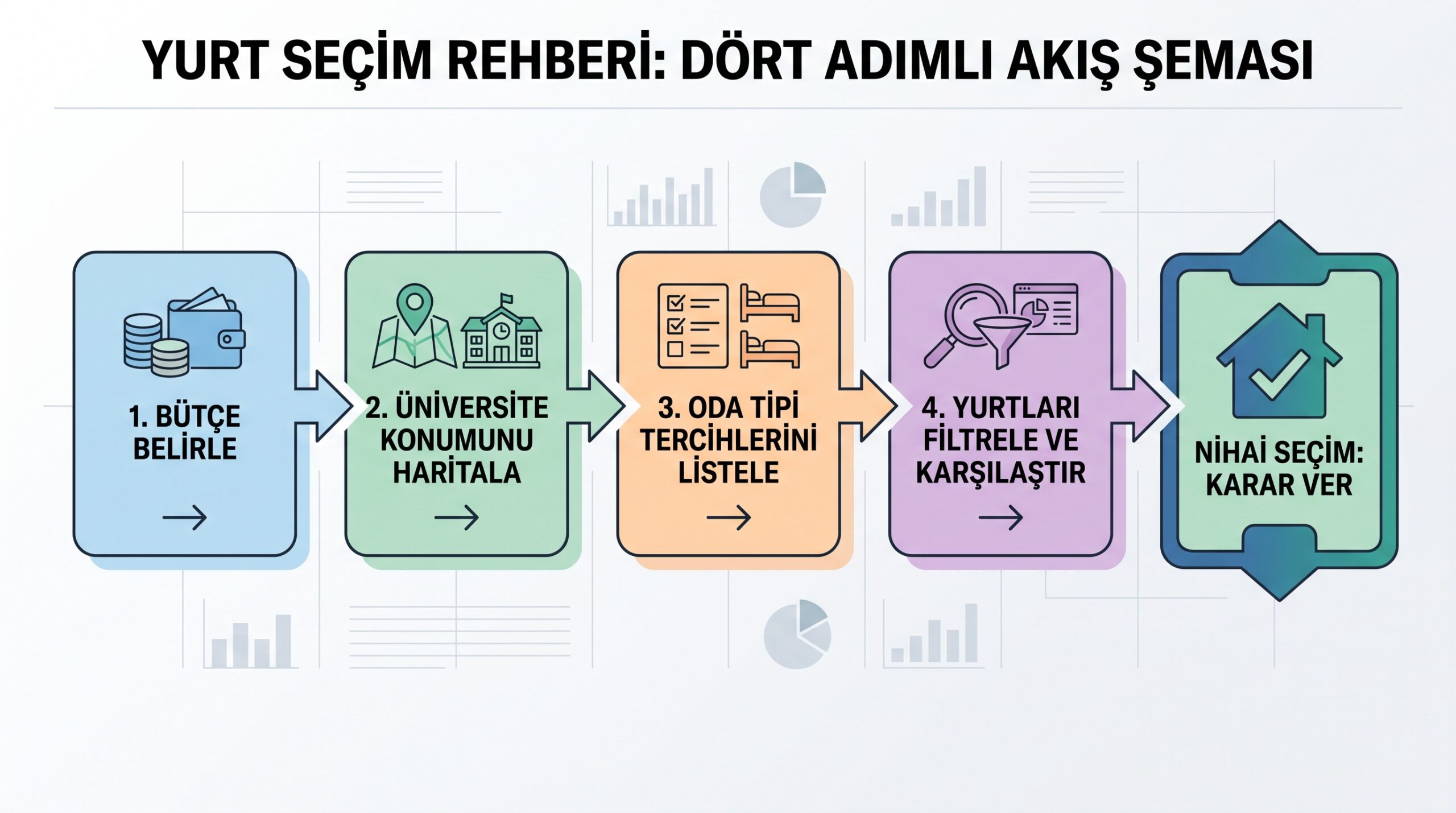 KYK yurt seçiminin dört ana adımı: bütçe belirleme, üniversite konumu, oda tercihleri ve filtreleme süreci.