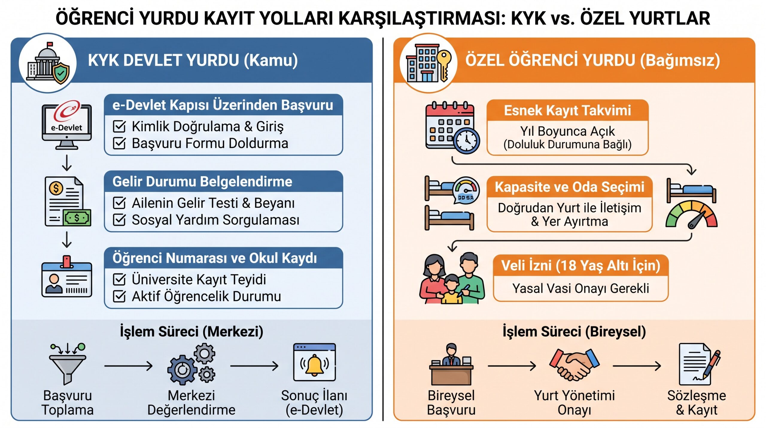KYK devlet yurtları ile özel yurtlar arasında belge gereksinimleri ve kayıt süreci farkları karşılaştırması.